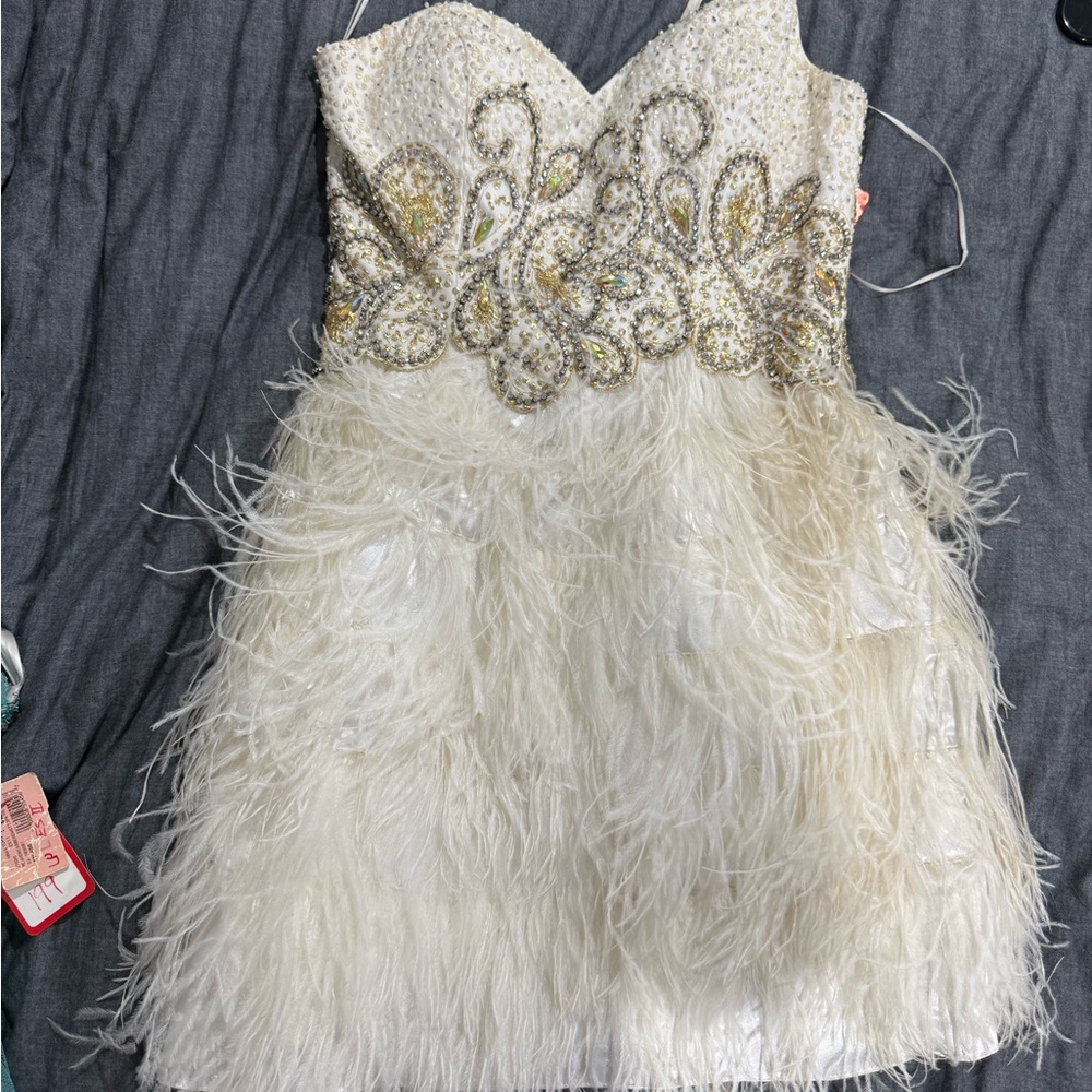 Jovani White and Gold Embellished Bustier Gown
